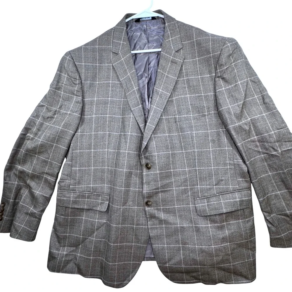 Jos. A. Bank Blazer Mens 50 Regular Tan Silk Wool Windowpane Plaid Signature